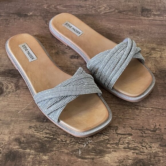 Steve Madden Womens Vanilly Sandal Sz 10 Silver Crystal Slip On Slide Bling Glam - Picture 1 of 13